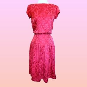 Vintage Red silk embossed floral back button dress